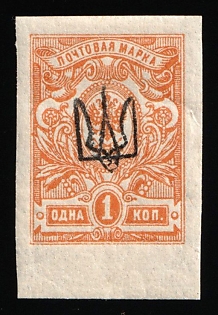 1918 1k Kiev (Kyiv) Type 1, Ukrainian Tridents, Ukraine, Black Overprint, Margin, Signed