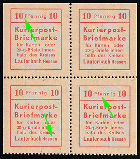 1945 10pf Lauterbach (Hesse), Germany Local Post, Unofficial Issue, Block of Four, 'Pfennig' shifted to left, Space between 'Hessen', Broken 'e' in 'Pfennig'
