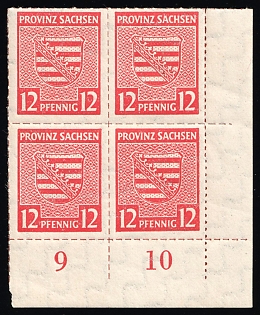 1946 12pf Naumburg (Saale), Germany Local Post, Unofficial Issue, Corner Marginal Block of Four, Plate Numbers