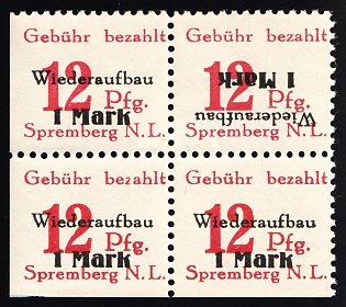 1946 12pf Spremberg (Lower Lusatia), Germany Local Post, Unofficial Issue, Block of Four, INVERTED Overprint