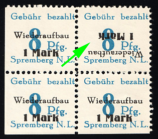 1946 8pf Spremberg (Lower Lusatia), Germany Local Post, Unofficial Issue, Block of Four, INVERTED Overprint