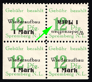 1946 12pf Spremberg (Lower Lusatia), Germany Local Post, Unofficial Issue, Block of Four, INVERTED Overprint