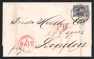 1872 (3 Jul) Russian Empire, Russia, Cover from Moscow to London (Great Britain, England), franked with 20k (1868 issue), with red London arrival paid postmark, red 'P.D.' (Paid to Destination) handstamp, crayon postal marking