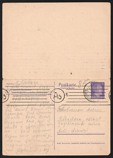 1943 (30 Aug) Third Reich, Germany, Postcard with Reply-Card sent from Letzlingen via Gardelegen to Novi Vitovts in Poltova Region, written by a Female Ukrainian Forced Laborer in Agriculture, Black Ab Censorship Postmark from Foreign Mail Censorship Office in Berlin (Auslandsbriefprüfstelle Berlin)
