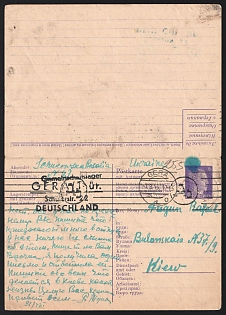 1943 (7 Sep) Third Reich, Germany, Trilingual Postcard with Reply-Card sent from Labor Camp Gera - Schülerstraße (Black Postmark, Camp for Local Arms Production) to Kyiv, Black Ab Censorship Postmark from Foreign Mail Censorship Office Berlin  (Auslandsbriefprüfstelle Berlin)