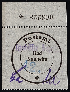 1945 42pf Bad Nauheim, Germany Local Post, Unofficial Issue, Reprint, Margin, Plate Numbers
