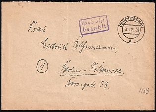 1945 (3 Dec) Crimmitschau (Saxony), Soviet Russian Zone of Occupation, Germany Local Post, Cover from Crimmitschau to Berlin with 'Gebuhr bezahlt' (Postage Paid) handstamp