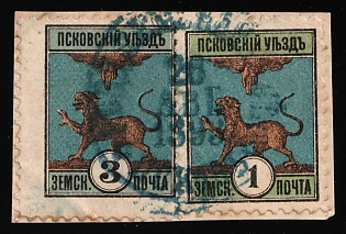 1892 3k, 1k on piece Pskov Zemstvo, Violet Circular Datestamp Cancellation '28 Aug 1893'
