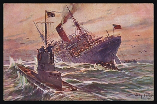 1914-18 'Destruction of English Merchant Steamer by German U-boat' German Colonies, Germany, Propaganda Picture Postcard issued in support of the Colonial Veterans Association
