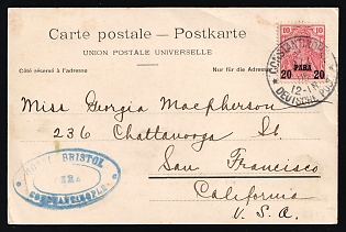 1905 (3 Apr) 'Constantinople. Galata Bridge' German Offices in Turkey, Germany, Picture Postcard from Constantinople to San Francisco (California, USA) with blue Bristol transit handstamp franked with 20pa