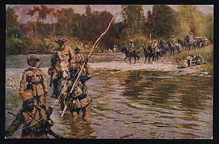 'Colonial Troops Crossing a River' East Africa, German Colonies, Germany, Colonial Warriors’ Donation Fundraising Picture Postcard with donation handstamp