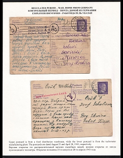 1943 (28 Apr + 21 Aug) Third Reich, Germany, 2 Trilingual Postcards with Address Stamps from Various Employers (Slag Plant and Tachometer Manufactoring Plant) of Forced Laborers (Ostarbeiter) to Ukraine, Black and Purple Ab Censorship Postmark from Foreign Mail Censorship Office Berlin (Auslandsbriefprüfstelle Berlin)