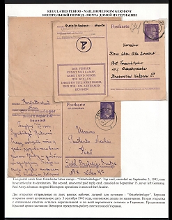 1943 (3 Sep + 15 Sep) Third Reich, Germany, 2 Postcards (One with Reply Postcard) from different Labor Camps Ostarbeiterlager to Kyiv region in Ukraine, one with Black Ab Censorship Postmark from Foreign Mail Censorship Office Berlin  (Auslandsbriefprüfstelle Berlin)