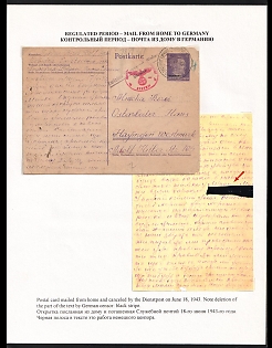 1943 (18 Jun) German Occuptaion of Ukraine, Germany, Postcard from Zwaihel to a Forced Labor Accommodation (Ostarbeiterhaus) in Hayingen Germany, Red Third Reich Eagle Censorship Postmark with Note Deletion by German Censor