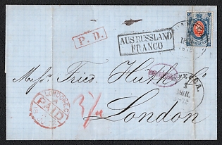 1872 (1 Jun) Russian Empire, Russia, Cover from Odessa to London (Great Britain, England) via Berlin (Germany), franked with 20k (1868 issue), with red London arrival paid postmark, red 'P.D.' (Paid to Destination) handstamp, crayon postal marking, boxed two-lines 'FRANCO' postmark, violet oval 'franked' handstamp