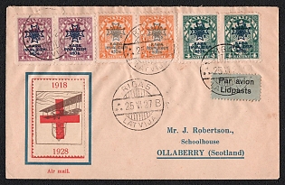 1927 (25 May) Latvia, Airmail Philatelic Cover from Riga (Latvia) sent to Ollaberry (Scotland), franked with complete set of semi-postal charity for war invalids stamps, additionally with non-postal airmail stamp, with blue airmail label, violet 'Derflut-Riga' cachet on reverse