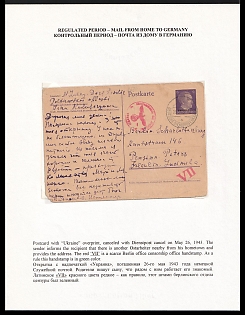 1943 (26 May) German Occuptaion of Ukraine, Germany, Postcard from Poltawa Ukraine to an Ukrainian Forced Laborer who workes in a Hotel in Berlin, Red Third Reich Eagle Censorship Postmark with Additional Rare Red VII Examination Mark from the Responsible Berlin Mail Censorship Office