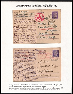 1943 (20 Feb + 2 Apr) German Occuptaion of Ukraine, Germany, 2 Postcards (one as a better Reply Postcard) from Ukraine to Ukrainian Forced Laborers, Different Red Third Reich Eagle Censorship Postmarks