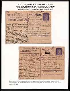 1943 (2 Mar) Third Reich, Germany, 2 Postcards from Labor Camp (Ostarbeiterlager) Silberhütte - Anhalt (Purple and Black Postmark, Camp of the Silberhütte GmbH, which manufactured Tracer Ammunition for the Wehrmacht) to Ukraine, Purple Ab Censorship Postmark from Foreign Mail Censorship Office Berlin  (Auslandsbriefprüfstelle Berlin)