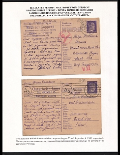 1943 (23 Aug + 4 Sep) Third Reich, Germany, 2 Trilingual Postcards from Forced Labor Camps (1st Ostarbeiter Camp Düsseldorf Heerdt, a Camp of Coke Oven Construction , 2nd with Rare Coded No No. 490506 of Ostarbeiterlager Labor Camp Voisweg Ratingen) to Ukraine, Different Censorship Postmarks
