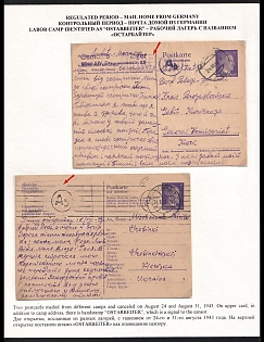 1943 (24 + 31 Aug) Third Reich, Germany, 2 Postcards from Forced Labor Camps (1st Gemeinschaftslager Wien XIV "Ostarbeiter", Camp of German United Laundries A.G, 2nd Ostarbeiterlager Mittlere Weiden Schweinfurt, Camp of FAG Kugelfischer, Manufacturer of Tank Ball Bearings.) to Ukraine, Black and Purple Ab Censorship Postmark from Foreign Mail Censorship Office Berlin  (Auslandsbriefprüfstelle Berlin)
