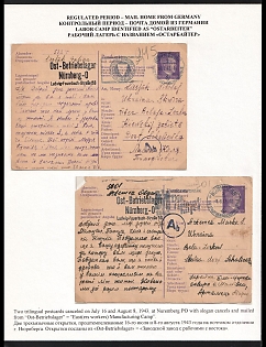 1943 (16 Jul + 8 Aug) Third Reich, Germany, 2 Trilingual Postcards from Labor Camp Ost-Betriebslager Nürnber-O (Black Postmark, Forced Labor Camp of the Victoria-Werke AG, a Manufacturer of Weapon Components such as Propulsion Systems and Torpedo Parts) to Ukraine, Black Ab Censorship Postmark from Foreign Mail Censorship Office Berlin  (Auslandsbriefprüfstelle Berlin)