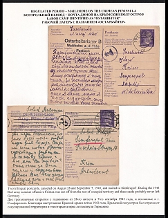 1943 (28 Aug + 7 Sep) Third Reich, Germany, 2 Postcards from Forced Labor Camps (1st Eastern Worker Camp Ostarbeiterlager B in Waldhofen, Camp for Local Companies, 2nd Ostarbeiterlager August Rieschbieth Neustadt, Camp of Very Large Sawmill) to Ukraine, Black and Purple Ab Censorship Postmark from Foreign Mail Censorship Office Berlin  (Auslandsbriefprüfstelle Berlin)