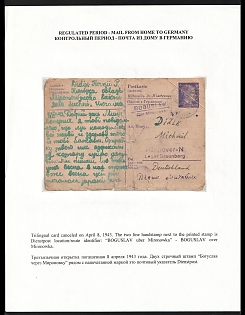 1943 (8 Apr) Third Reich, Germany, Trilingual Reply Postcard from Juchni Ukraine to an Ukrainian Forced Laborer in Labor Camp Hannover-N Lager Braunberg (Purple Camp Stamp, a Joint Camp of Continental Tires and Krupp Steelworks