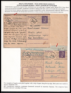 1943 (Aug + 4 Sep) Third Reich, Germany, 2 Postcards with Selfmade Reply Postcards from Different Forced Laborers to Ukraine, Black Ab Censorship Postmark from Foreign Mail Censorship Office Berlin  (Auslandsbriefprüfstelle Berlin)