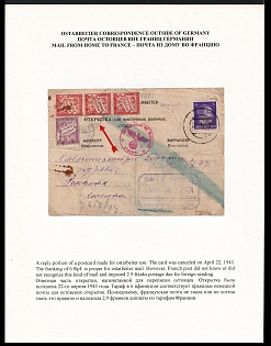 1943 (22 Apr) German Occuptaion of Ukraine, Germany, Reply Postcard from Rososcha to a Labor Camp in Drocourt - German Occupied Area in France (Faint Purple Postmark Mines de Drocourt, a Camp for the Local Coal Mines), Imposed French Postage for Foreign Sending, Captured Soviet Date Postmark, Red Third Reich Eagle Censorship Postmark