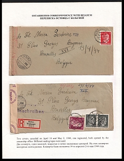 1944 (14 Apr + 2 May) Third Reich, Germany, 2 Cover (one registered) from a Forced Laborer in Mainz to Brussels in Occupied Belgium, Opened by Censor with different Official Third Reich Censorship Seal, one with Rare Small Ac Machine Censorship Postmark from Foreign Mail Censorship Office Aachen (Auslandsbriefprüfstelle Aachen)