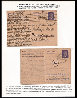 1943 (22 May + 1 Jun) Third Reich, Germany, 2 Postcards from Different Forced Laborers in Labor Camp Peenemünde Karlshagen (Camp for Peenemünde Army Research Center, Development and Testing Center for the V-2 Rocket) to Ukraine, Different Black Ab Censorship Postmark from Foreign Mail Censorship Office Berlin  (Auslandsbriefprüfstelle Berlin)