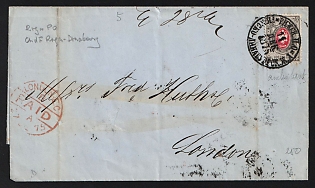 1875 (11 Dec) International letter sheet from Riga (Russian Empire) to London (Great Britain), franked with 8k (Russian Empire), canceled by black circular Riga railway postmark 'РИЖСКОЕ П.О. РИЖСКО-ДИНАБУРГСКОЙ Ж. Д.' Red circular 'LONDON PAID 27 DE 75' postmark. Arrive in London December 27, 1875