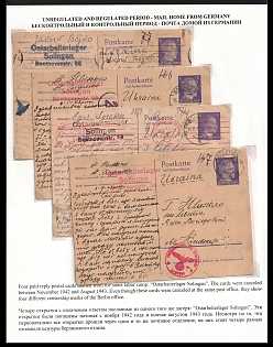 1942 (Nov) - 1943 (Aug) Third Reich, Germany, 4 Postcards of Different Forced Laborers in Eastern Worker Labor Camp (Ostarbeiterlager) Solingen - Beethovenstr. (different Camp Postmarks, a Camp for the Famous Solingen Knife Factory), All Postcards with different Censorship Postmarks
