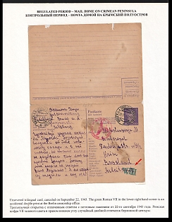 1943 (22 Sep) Third Reich, Germany, Trilingual Postcard with Reply Postcard from a Forced Laborer in Agriculture in Bruck - Salzburg to Crimean Peninsula (Krim) - Ukraine, Red Third Reich Eagle Censorship Postmark with additional green VII Censorship Postmark of Foreign Censorship Office Berlin