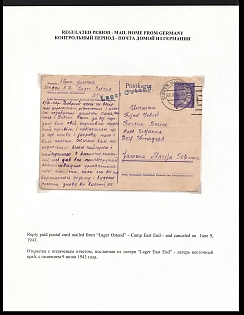 1943 (6 Sep) Third Reich, Germany, Postcard from Labor Camp Singen Ostend (Blue Postmark, Camp of Georg Fischer AG (Iron Foundry and Armaments) to Kyiv Region - Ukraine, Black Lines of Ab Censorship Postmark of Foreign Censorship Office Berlin (Auslandsbriefprüfstelle Berlin)