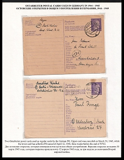 1945 (30 Mar + 12 Apr) Third Reich, Germany, 2 Eastern Workers (Ostarbeiter) Postcards used as Regular Postcard in Germany, Late Postmarks from Berlin, Close before the End of WWII