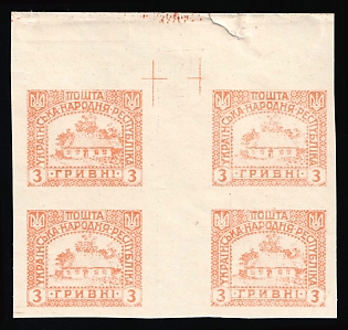 1920 3gr + 50gr Ukrainian People's Republic, Ukraine, Unissued, Imperforate, Gutter Block of Four, SHIFTED + DOUBLE + INVERTED Print on the Backside, TWO Sides Different Stamps Printing, Margin