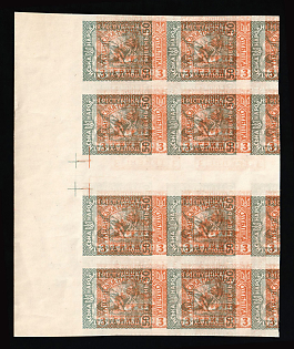 1920 3gr + 50gr Ukrainian People's Republic, Ukraine, Unissued, Imperforate, Gutter Block of 8, Printing on Map, SHIFTED + DOUBLE + INVERTED Print on Both Sides, TWO Sides Printing, Margin