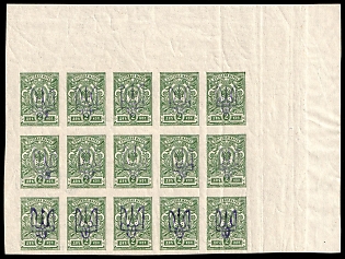 1918 2k Kiev (Kyiv) Type 2 a-e, Ukrainian Tridents, Ukraine, Corner Marginal Block 5x3, 5-x Handstamps, Watermark