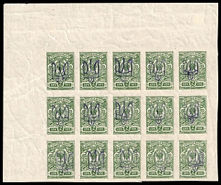 1918 2k Kiev (Kyiv) Type 2 a-e, Ukrainian Tridents, Ukraine, Corner Marginal Block 5x3, 5-x Handstamps