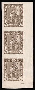 1919 30gr Ukrainian People's Republic, Ukraine, Imperforate, Strip, Printing on Map, Margin