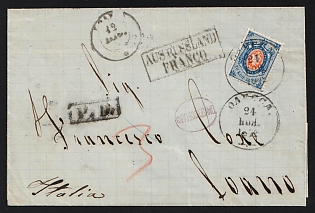 1872 (24 Nov) International letter sheet from Odessa (Russian Empire) to Loano (Italy), franked with 20k (Russian Empire), canceled by black circular Odessa postmark, violet oval 'ФРАНКИРОВАНО' - 'PAID' cachet, black boxed 'P.D.' (Paid to Destination) cachet