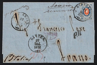 1872 (21 Jul) International letter sheet from Berdyansk (Russian Empire) to Loano (Italy), franked with 20k (Russian Empire), canceled by black circular Berdyansk postmark, violet oval 'ФРАНКИРОВАНО' - 'PAID' cachet, black 'P.D.' (Paid to Destination) cachet, manuscript red transit credit payment notation '23'. Via Odessa July 27, 1872, via Wien August 10, 1872. Arrive in Loano August 13, 1872