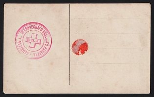 1914-1917 WWI Postcard illustrated with red-purple circular military medical postmark 'Committee of the Gospelian Field Hospital' - 'КОМИТЕТЪ ЕВАНГЕЛИЧЕСКАГО ПОЛЕВАГО ЛАЗАРЕТА' with Red Cross and 'Е. П. Л.' abbreviation in the center (based in Petrograd)