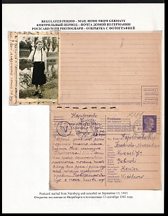 1943 (13 Sep) Third Reich, Germany, Trilingual Postcard of a Female Forced Laborer (Photo) from Labor Camp Nürnberg Witschelstraße (Camp of the German Labour Front (Deutsche Arbeitsfront - DAF) to Ukraine, Black Ab Censorship Postmark from Foreign Mail Censorship Office Berlin  (Auslandsbriefprüfstelle Berlin)