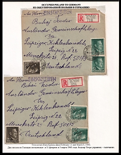 1943 (11 Feb + 5 Mar) Generalgouvernement, Germany, 2 Registered Covers from Novo Siolo to a Foreign Labor Camp (Ausländer-Gemeinschaftslager) in Leipzig, Company Owned Camp of the Leipzig Coal Trader Company