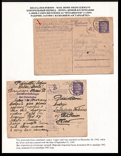 1942 (28 Dec) + 1943 (21 Sep) Third Reich, Germany, 2 Postcards from Labor Camps (1st Eastern Labor Camp (Ostlager) Mühlenberg Hannover, Camp for the Hanover Municipal Utilities, 2nd Labor Camp Calbe (Purple Postmark), Camp of Metalware Factory Calbe, Supplier to the War Industry) to Ukraine, Purple Ab Censorship Postmark from Foreign Mail Censorship Office Berlin  (Auslandsbriefprüfstelle Berlin)