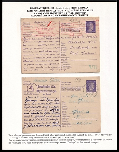 1943 (20 + 21 Aug) Third Reich, Germany, 2 Trilingual Postcards from Labor Camps (1st Red Postmark of Labor Camp Regensburg Prüfeninger Straße - Camp of the Messerschmidt GmbH, Production of Fighter Aircrafts, 2nd Purple Postmark of Labor Forchheim, Camp of Bosch, Producer of for Aircraft Engines, Red Eagle Censorship and Purple Ab Censorship Postmark from Foreign Mail Censorship Office Berlin  (Auslandsbriefprüfstelle Berlin)