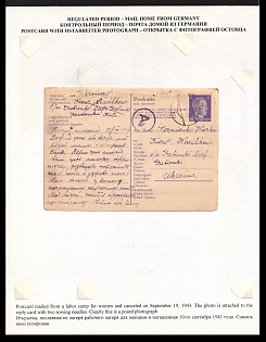 1943 (19 Sep) Third Reich, Germany, Trilingual Postcard with Reply Postcard of a Female Forced Laborer (Photo) from Women Labor Camp (Frauenlager) Lambach - a Camp for the Local Infrastructure and surrounding Agricultural Businesses - to Kyiv Region, Black Ab Censorship Postmark from Foreign Mail Censorship Office Berlin  (Auslandsbriefprüfstelle Berlin)